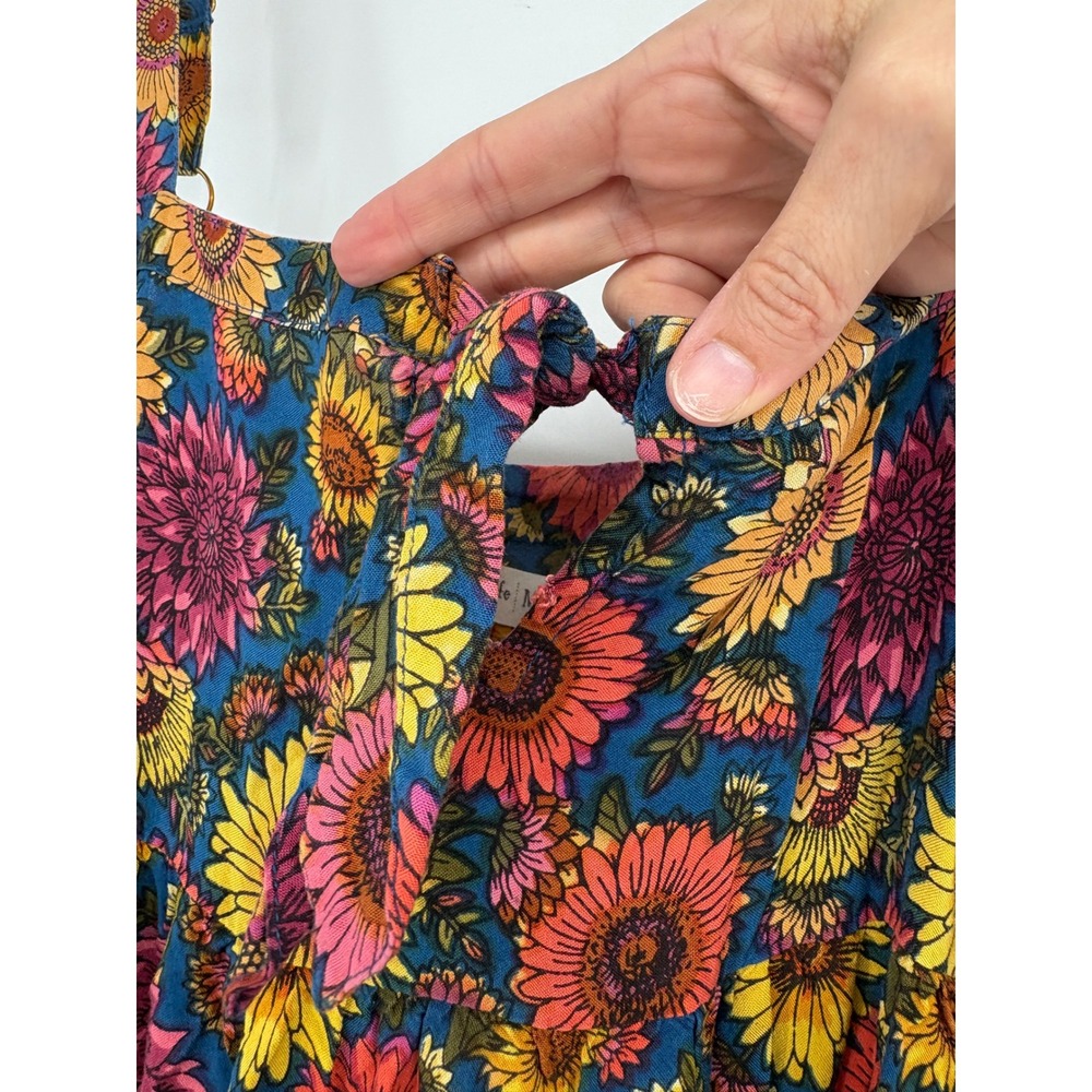 Natural Life Dress Womens M Blue Sunflower Floral Tie Front Midi Boho Rayon - Picture 2 of 10